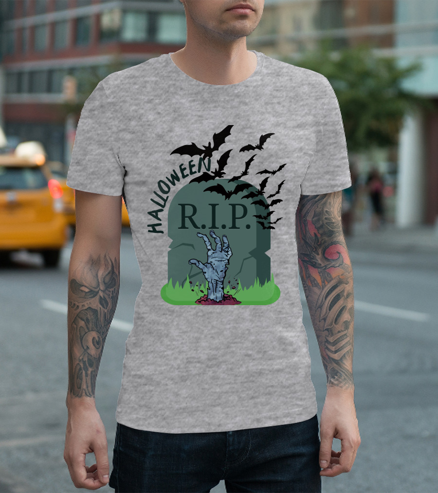 HALLOWEEN R.I.P. Tombstone with Zombie Hand and Bats T-Shirt