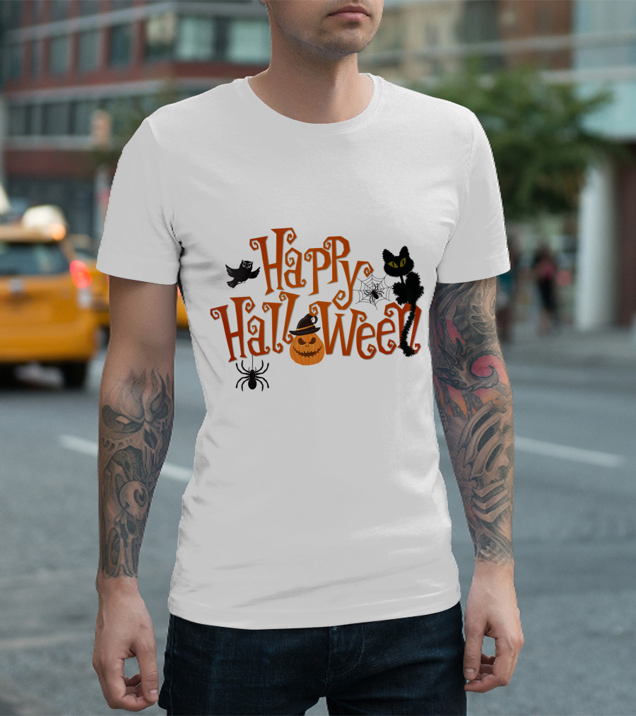 Happy Halloween Pumpkin Cat with Spider and Owl T-Shirt