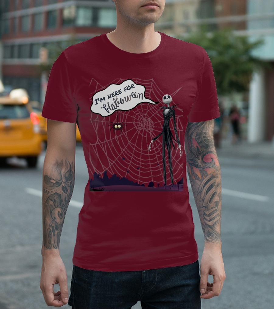 I'm Here For Halloween Tall Ghost With Spider And Web Background T-Shirt