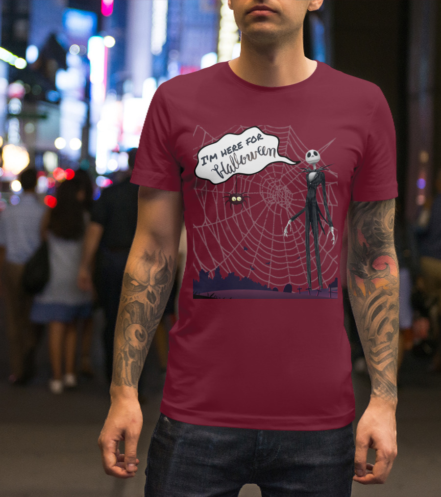 I'm Here For Halloween Tall Ghost With Spider And Web Background T-Shirt