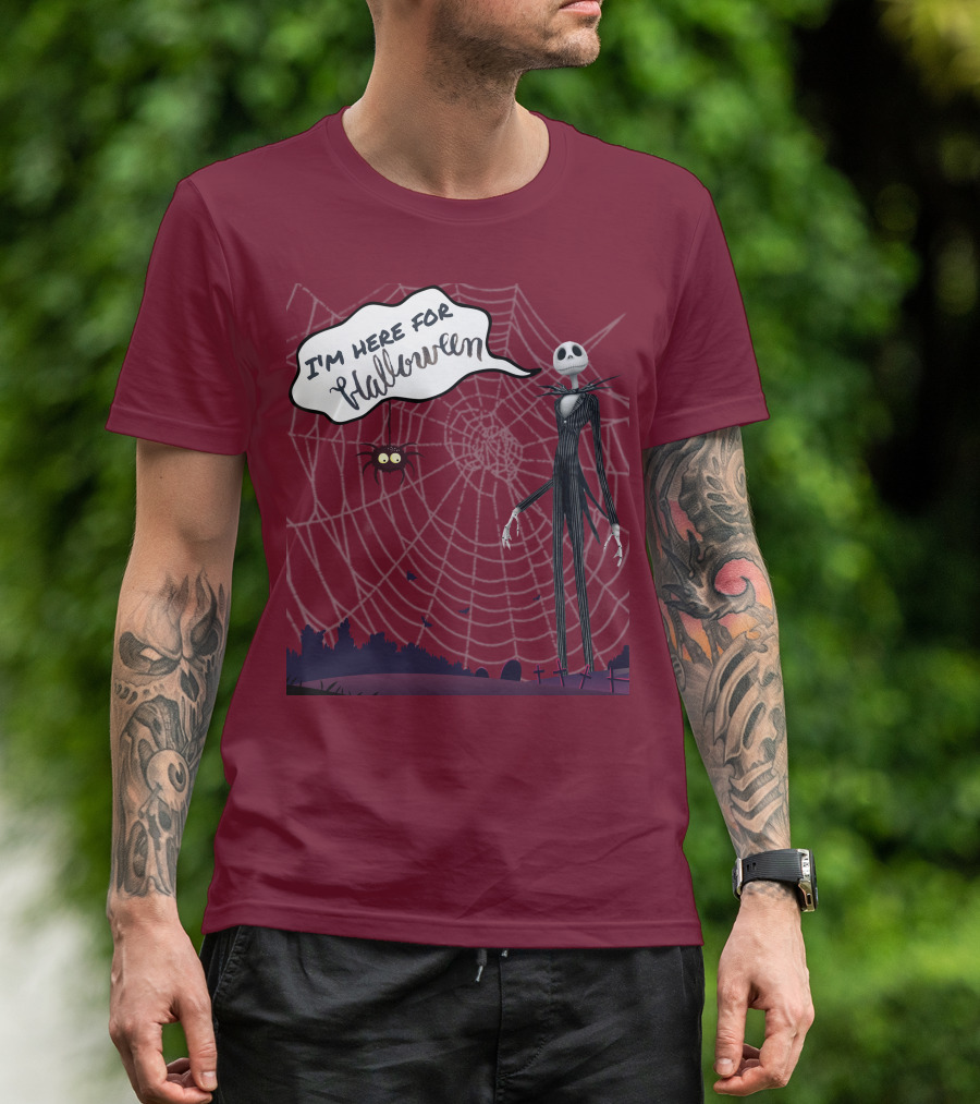 I'm Here For Halloween Tall Ghost With Spider And Web Background T-Shirt