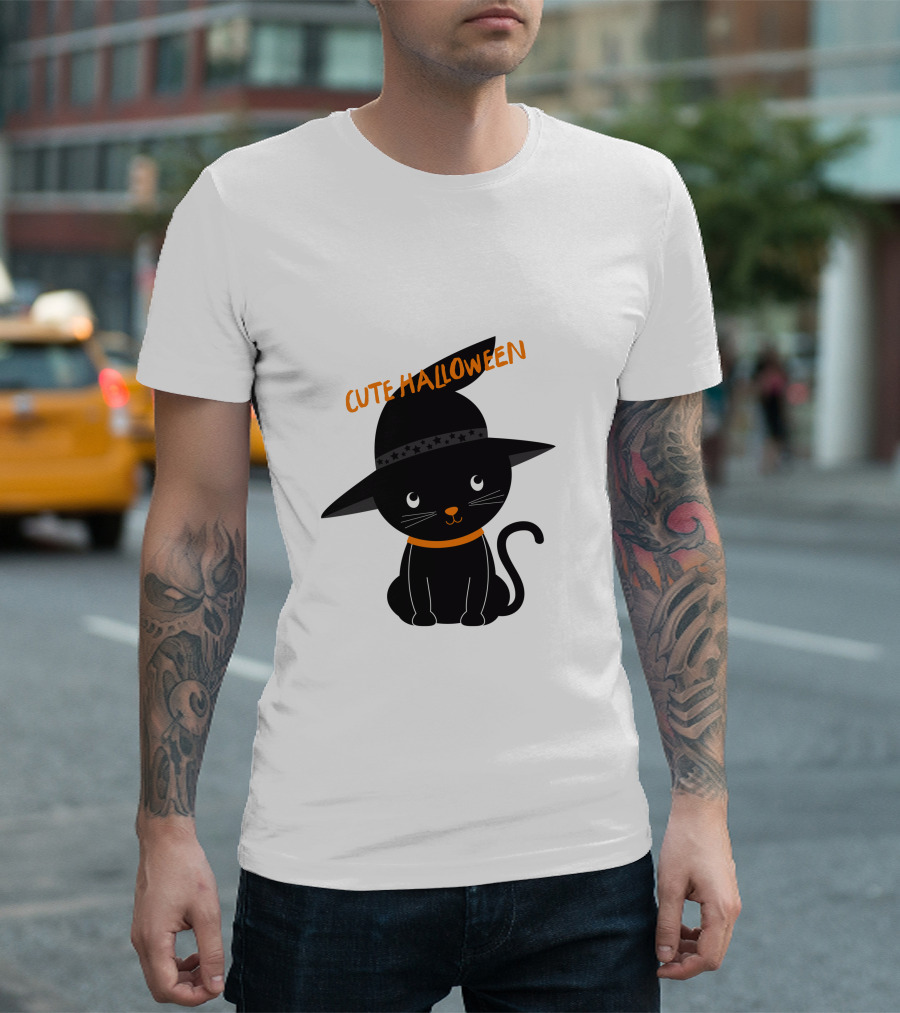 Cute Halloween Black Cat with Witch Hat T-Shirt