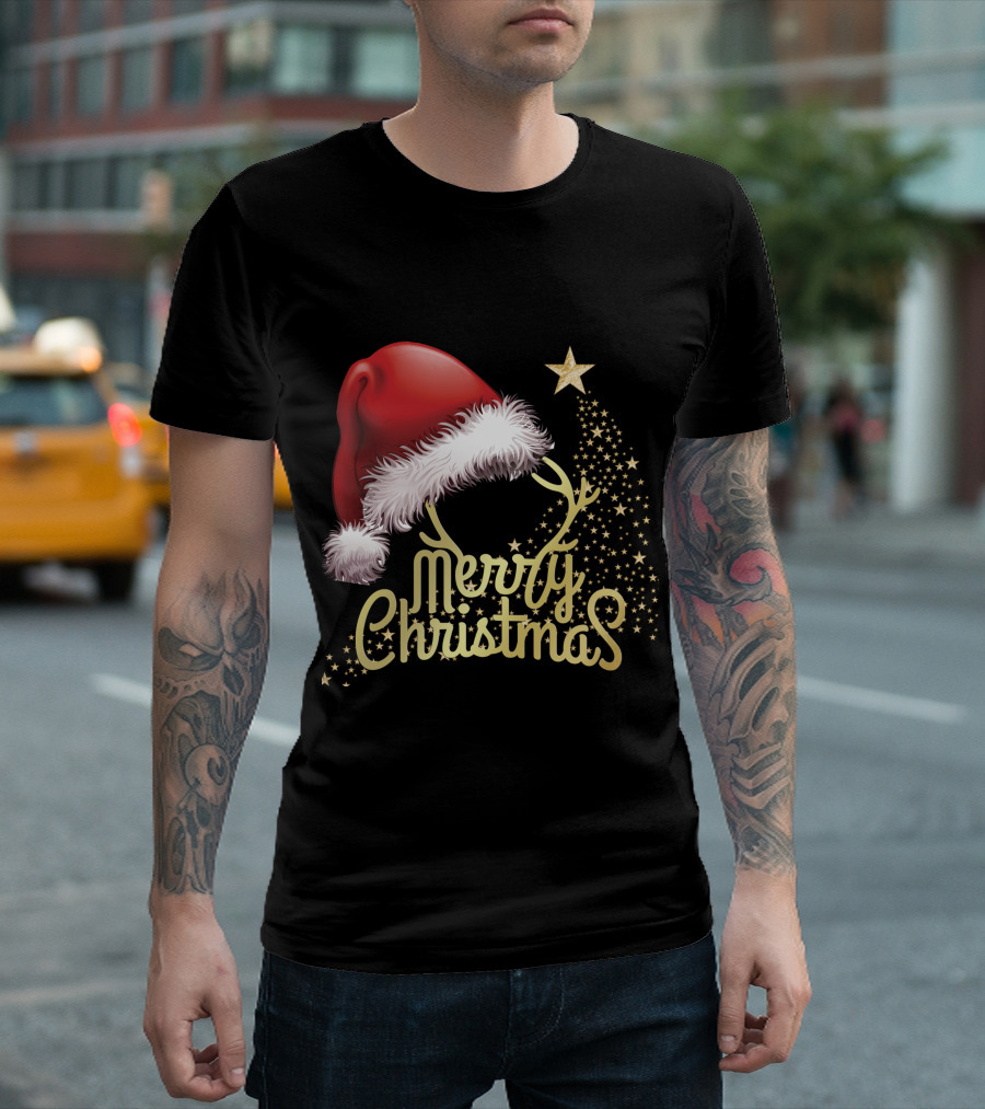 Merry Christmas Hat With Red Santa Cap And Golden Stars T-Shirt