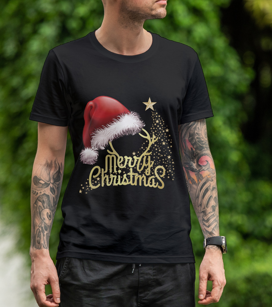 Merry Christmas Hat With Red Santa Cap And Golden Stars T-Shirt