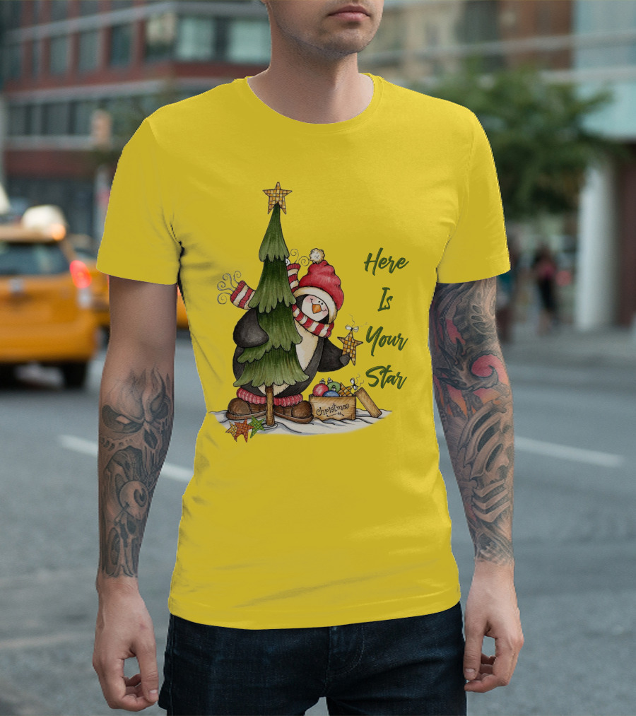 Here Is Your Christmas Star Penguin with Tree and Ornaments T-Shirt