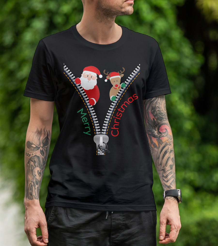 Merry Christmas Santa And Deer Zipper T-Shirt