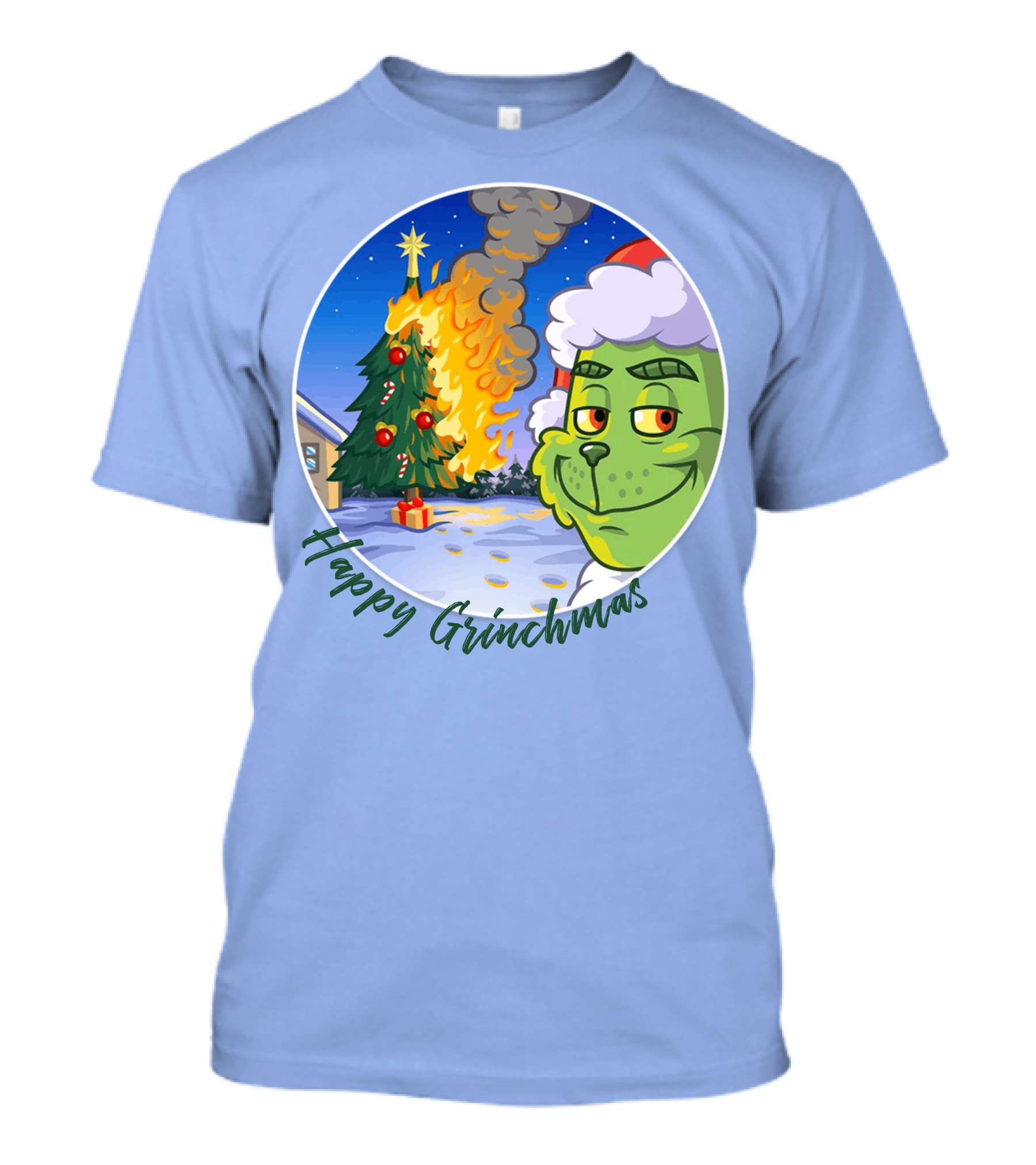 Happy Grinchmas The Grinch On Fire Christmas Tree Scene T-Shirt