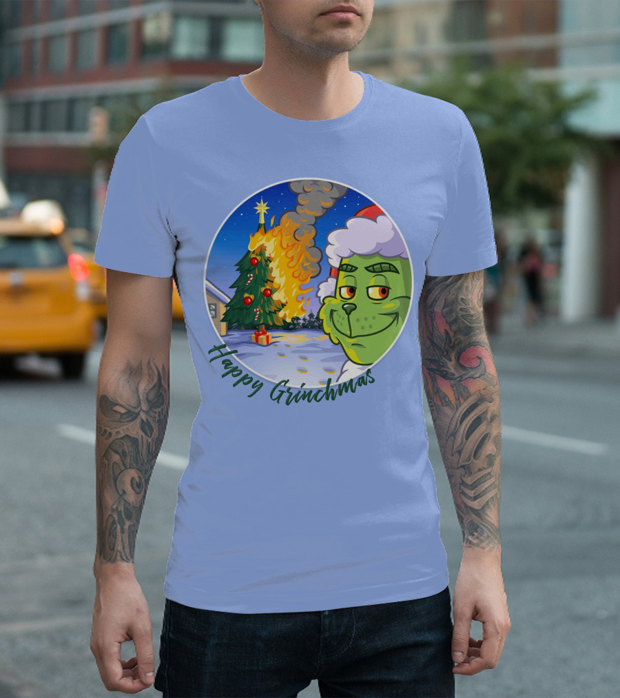 Happy Grinchmas The Grinch On Fire Christmas Tree Scene T-Shirt