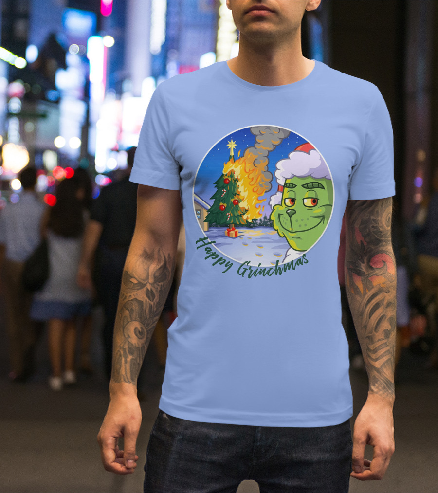 Happy Grinchmas The Grinch On Fire Christmas Tree Scene T-Shirt