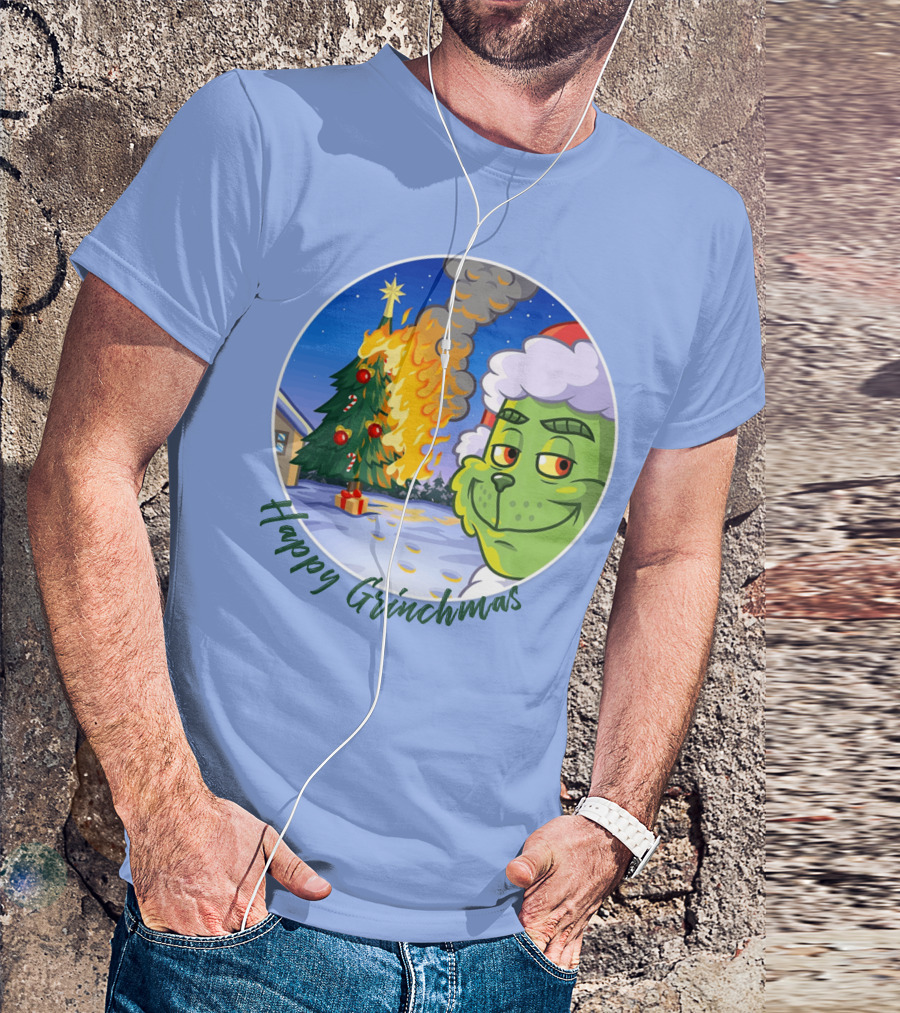 Happy Grinchmas The Grinch On Fire Christmas Tree Scene T-Shirt