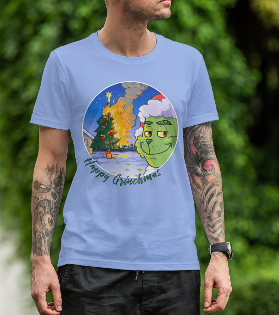 Happy Grinchmas The Grinch On Fire Christmas Tree Scene T-Shirt