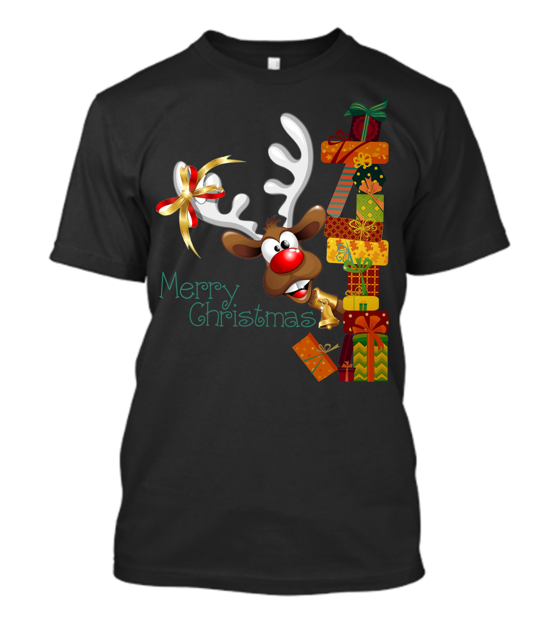 Merry Christmas Reindeer Peeking With Stacked Gifts T-Shirt