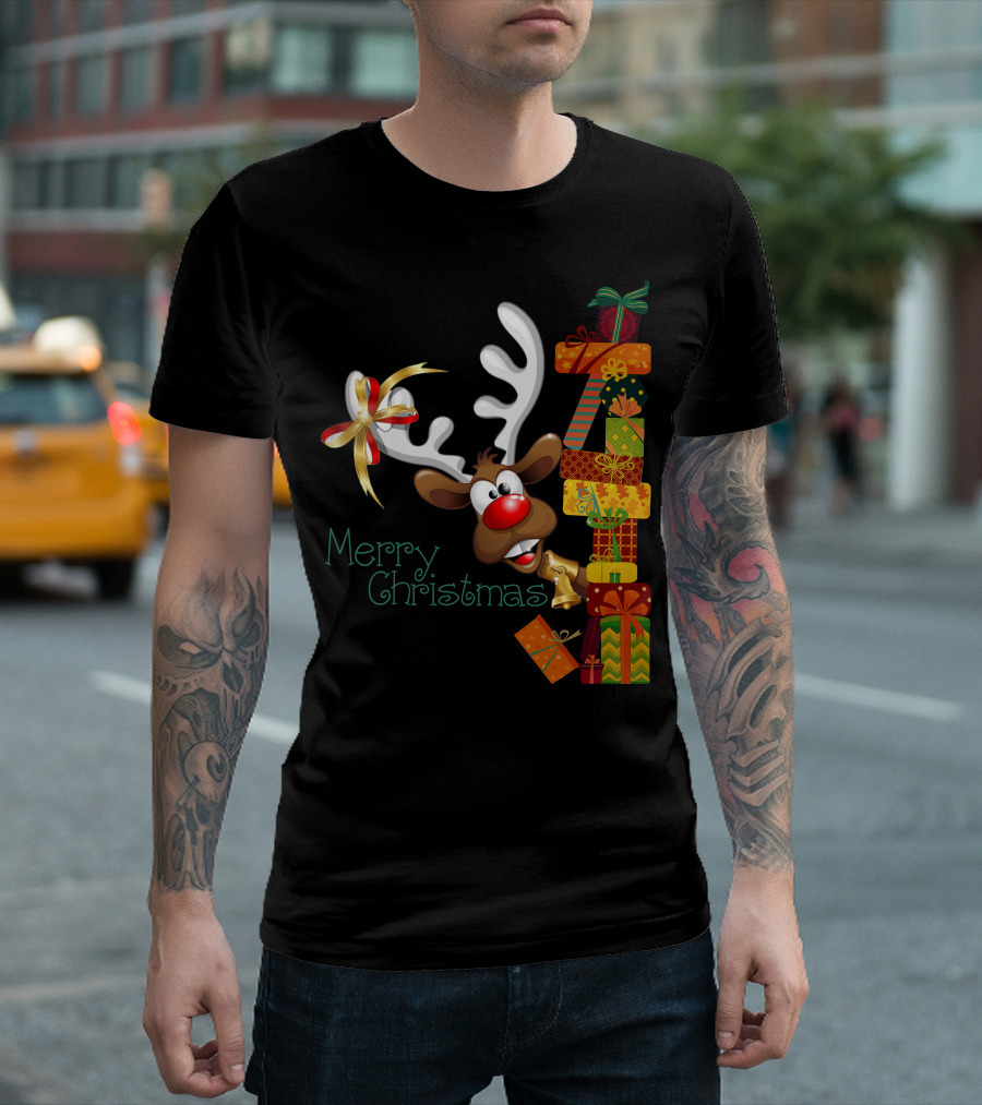 Merry Christmas Reindeer Peeking With Stacked Gifts T-Shirt