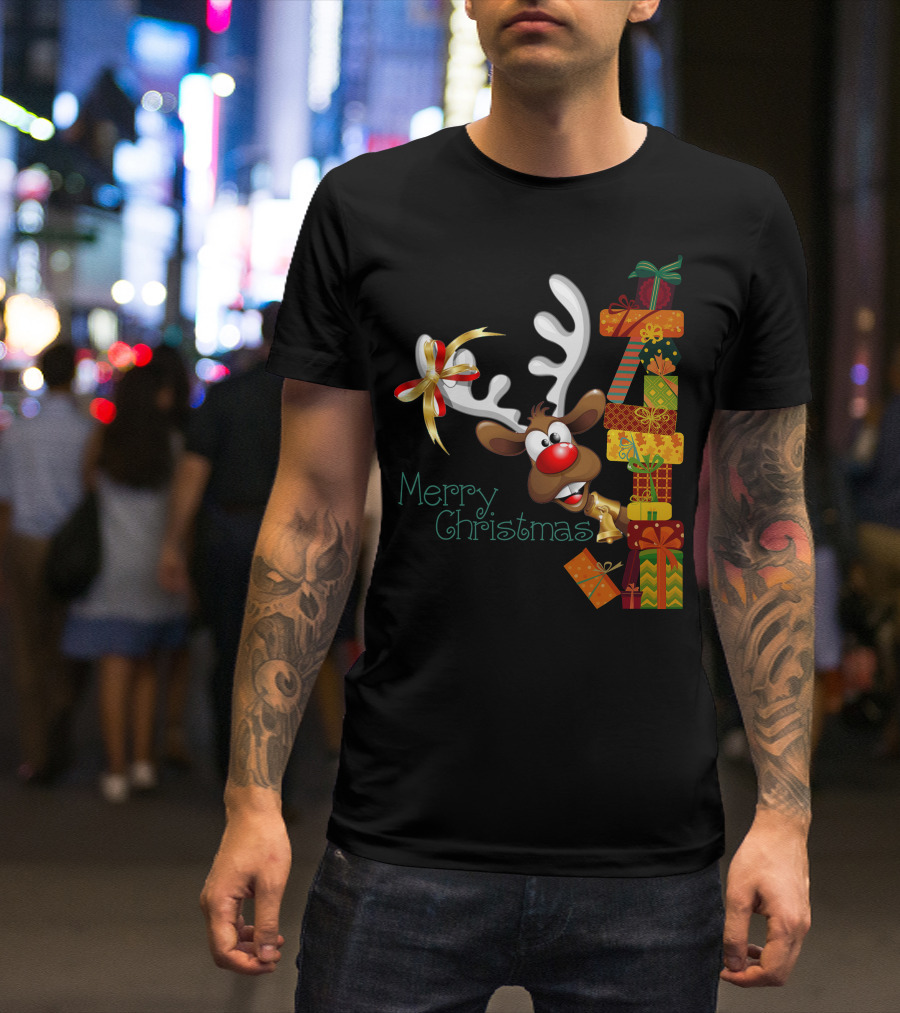 Merry Christmas Reindeer Peeking With Stacked Gifts T-Shirt