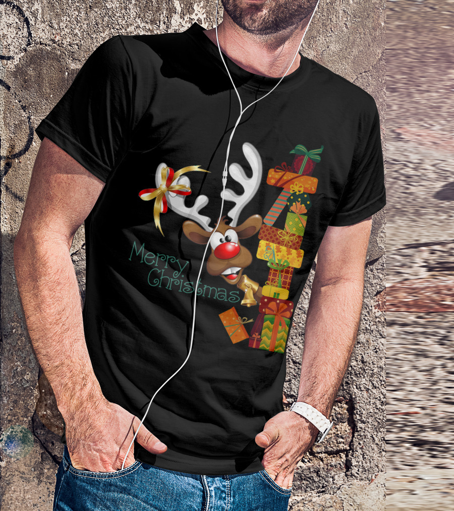 Merry Christmas Reindeer Peeking With Stacked Gifts T-Shirt