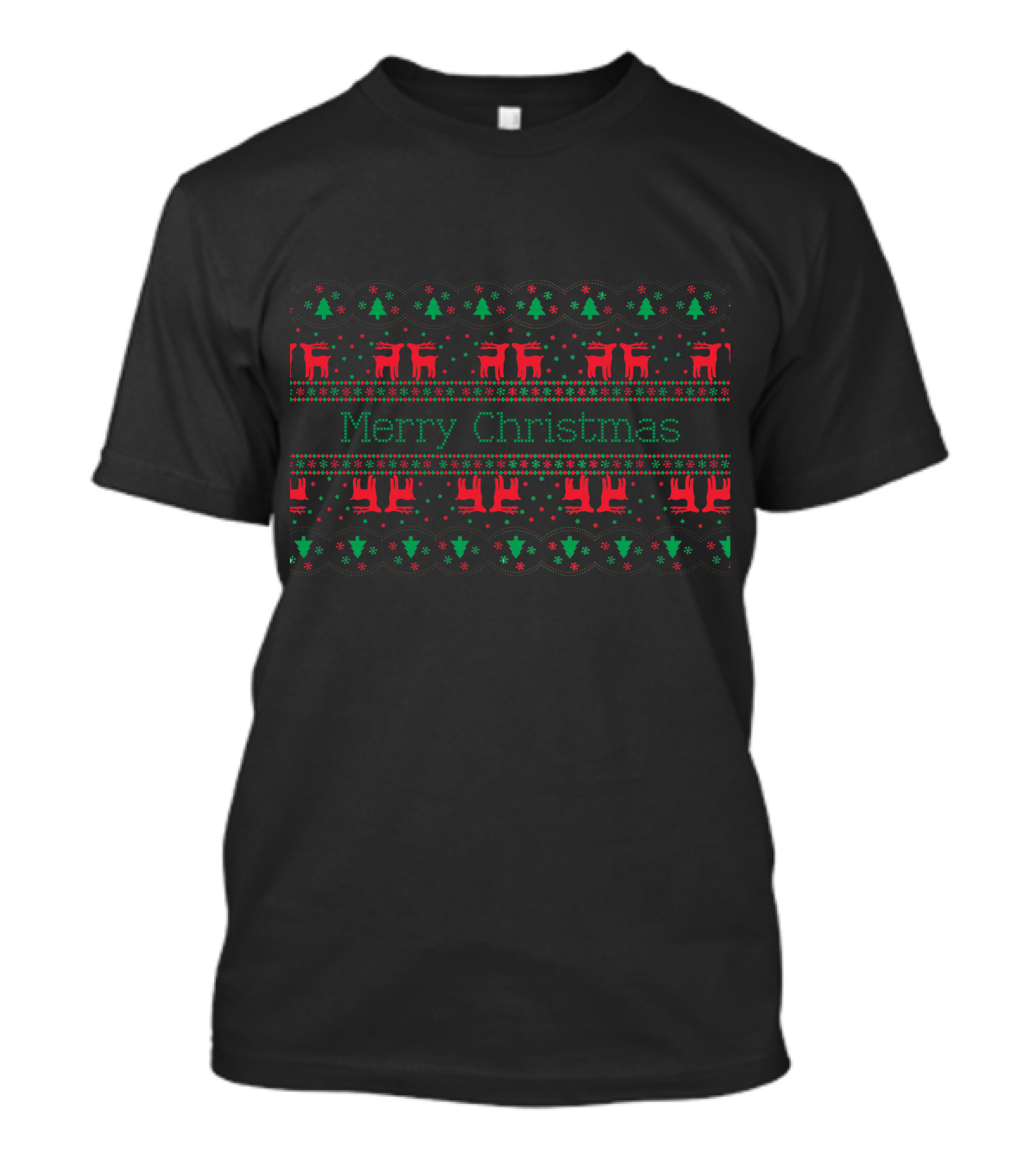 Merry Christmas Red Deers And Green Trees With Snowflakes T-Shirt