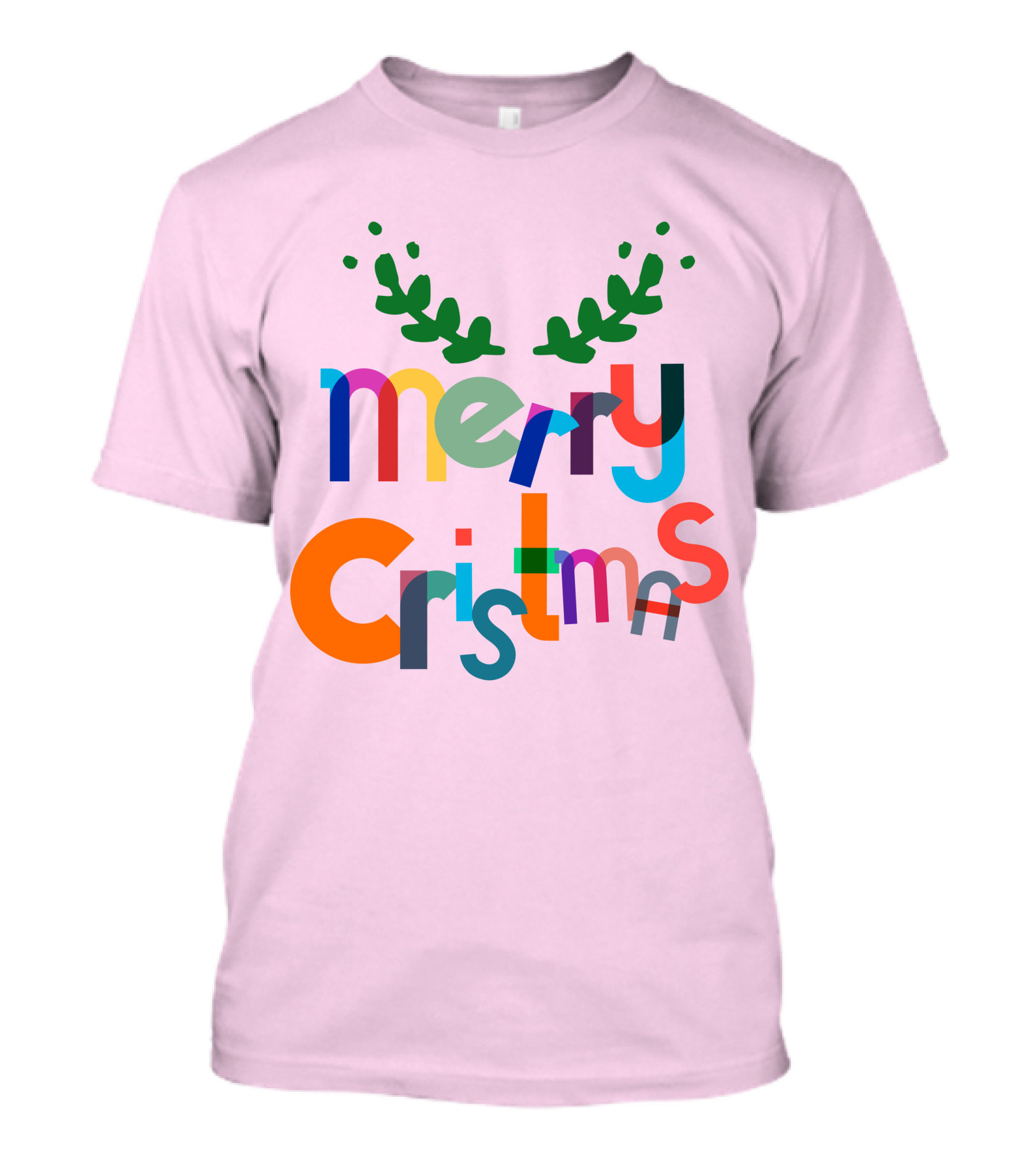 Merry Christmas Colorful Letters With Green Antlers Holiday T-Shirt