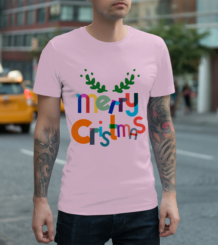 Merry Christmas Colorful Letters With Green Antlers Holiday T-Shirt