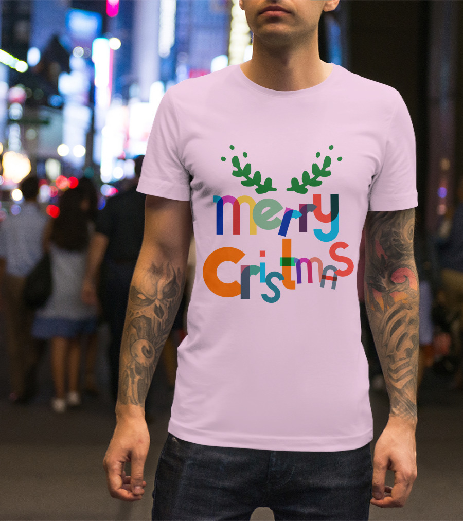 Merry Christmas Colorful Letters With Green Antlers Holiday T-Shirt