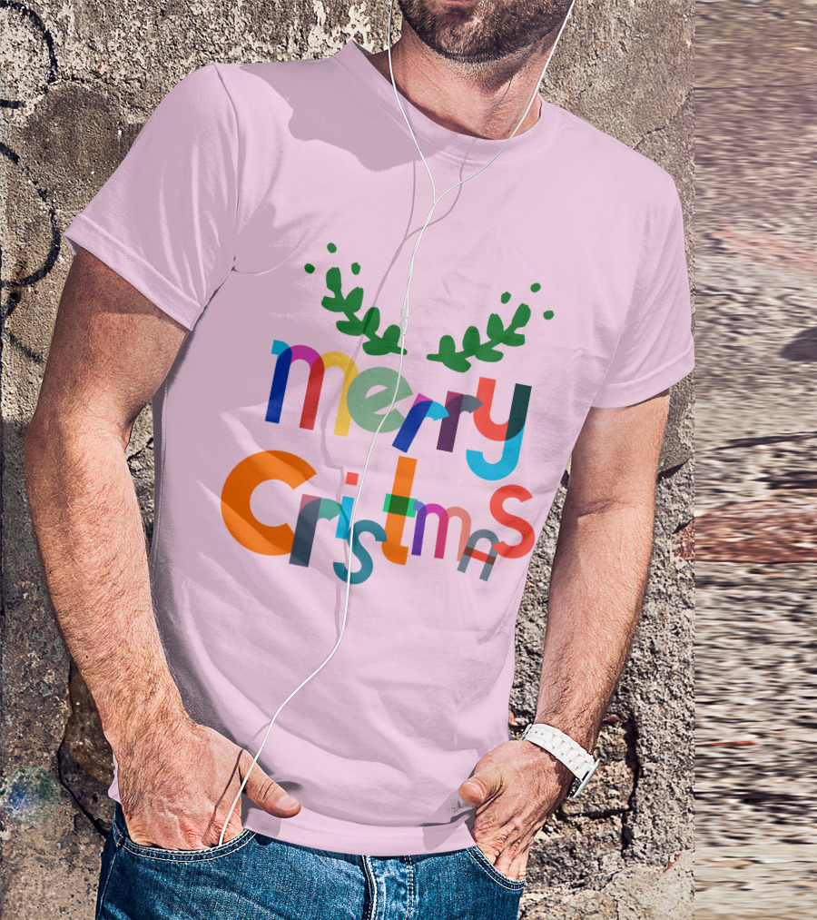 Merry Christmas Colorful Letters With Green Antlers Holiday T-Shirt