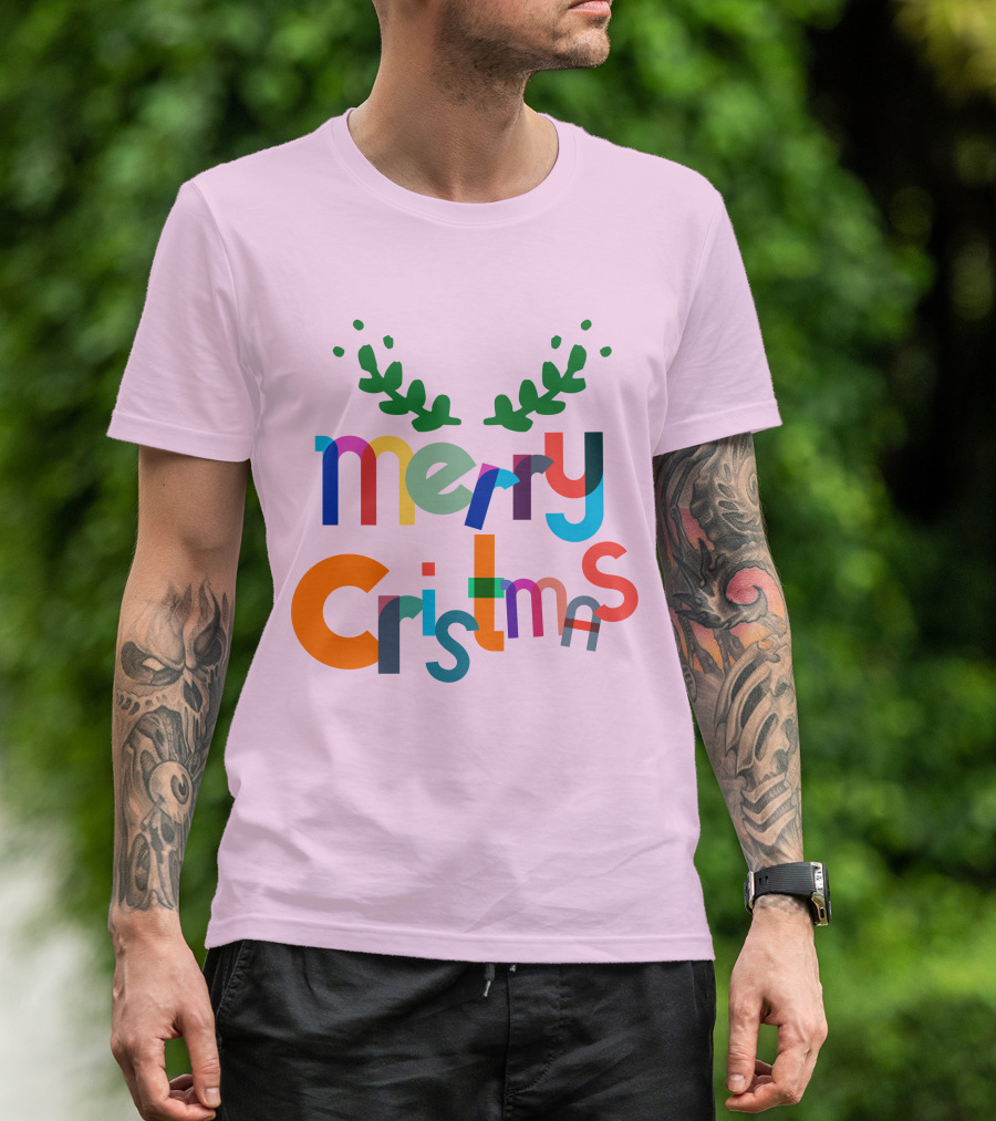 Merry Christmas Colorful Letters With Green Antlers Holiday T-Shirt
