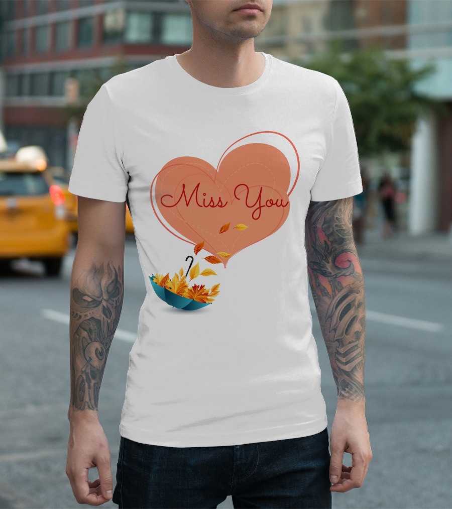 Miss You Heart and Autumn Leaves Umbrella T-Shirt