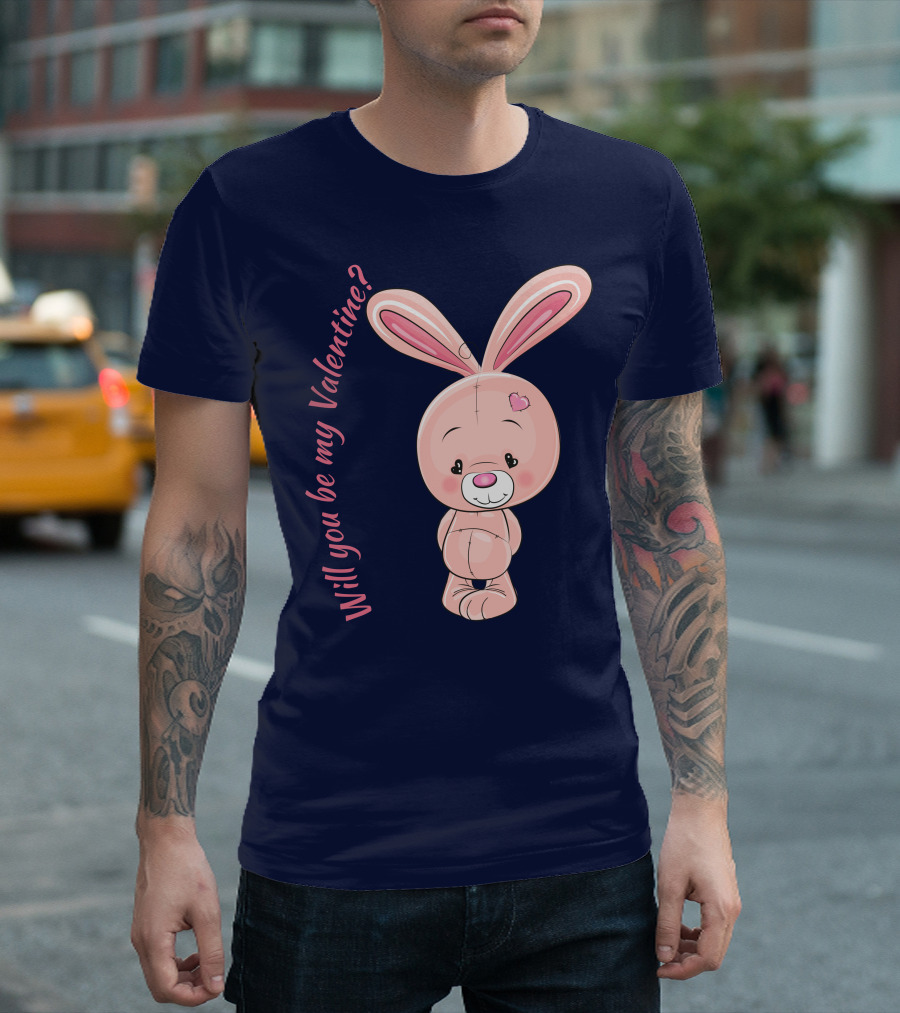 Will You Be My Valentine Pink Bunny with Heart Accent T-Shirt