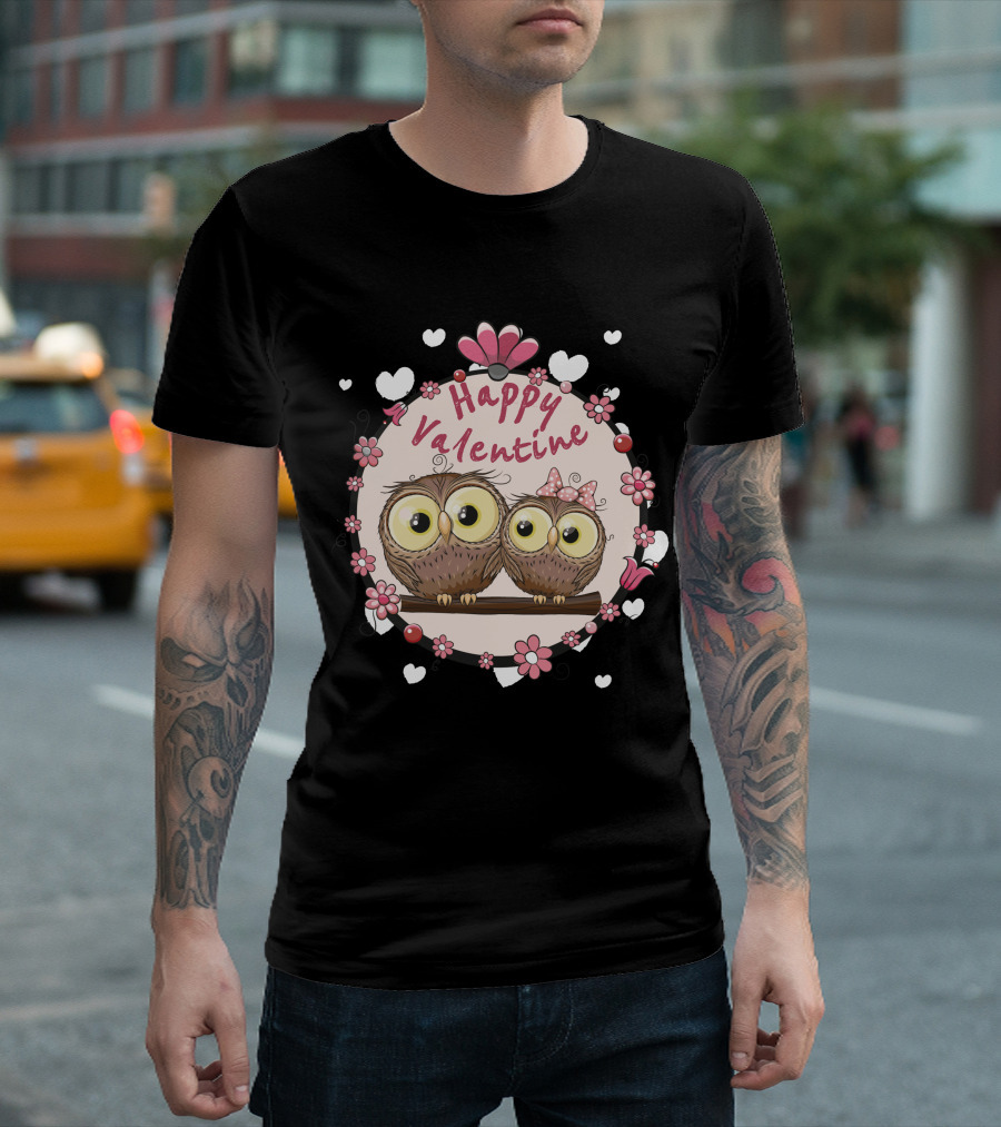 Happy Valentine Owls with Cute Flower Circle and Big Eyes T-Shirt