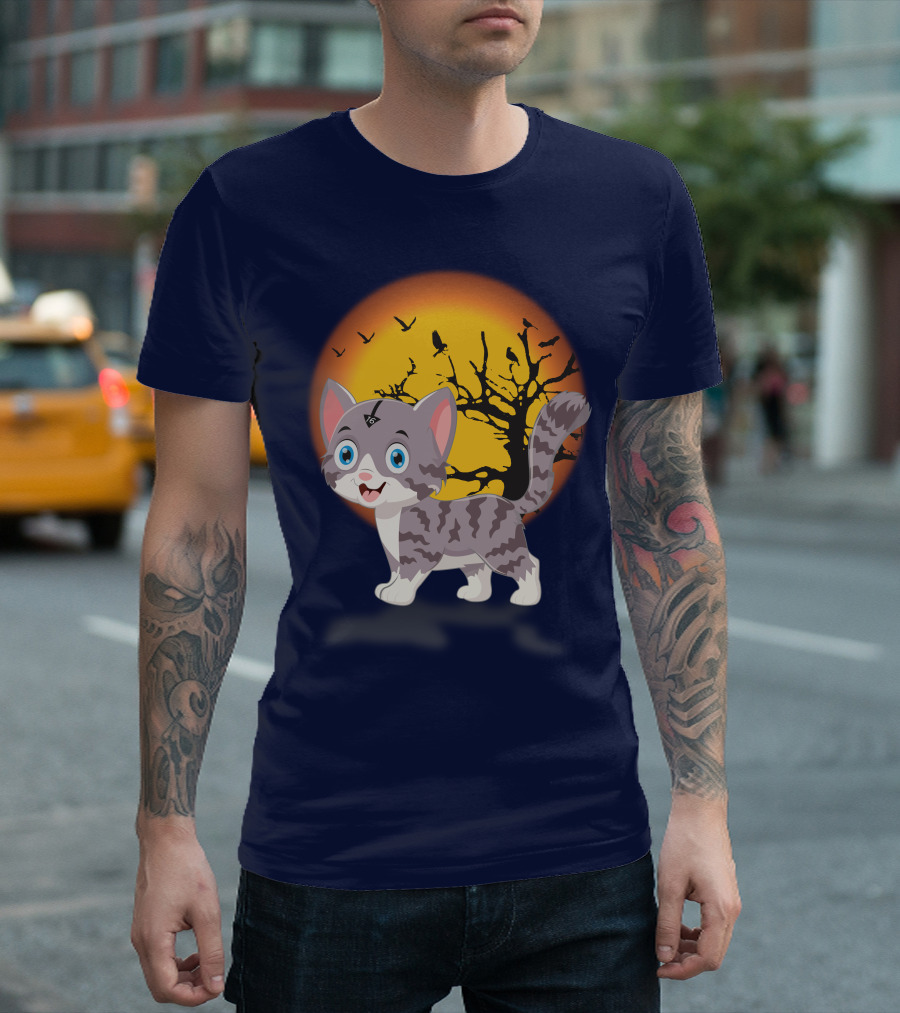 Cute Kittens Halloween Night Moonlit Landscape T-Shirt