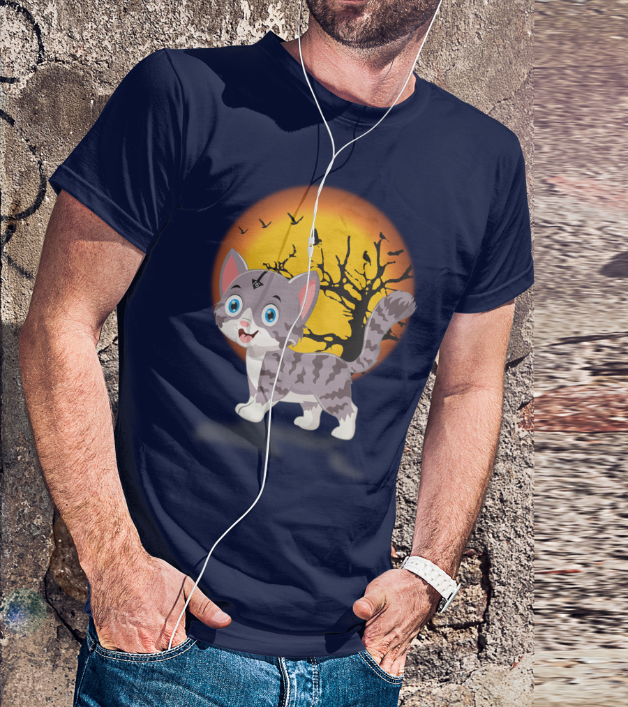 Cute Kittens Halloween Night Moonlit Landscape T-Shirt