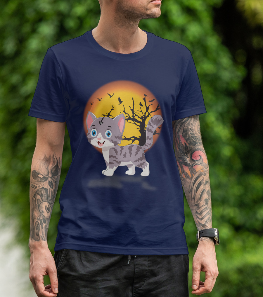 Cute Kittens Halloween Night Moonlit Landscape T-Shirt