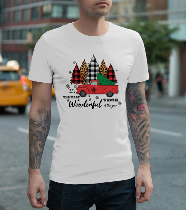 It's The Most Wonderful Time Of The Year Plaid And Leopard Pine Trees Red Truck T-Shirt