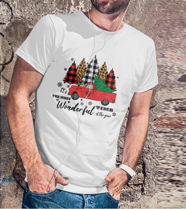 It's The Most Wonderful Time Of The Year Plaid And Leopard Pine Trees Red Truck T-Shirt