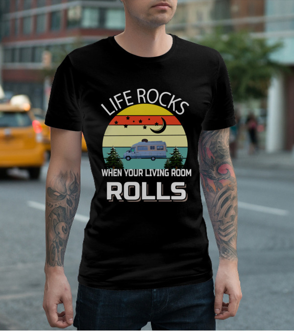 Life Rocks When Your Living Room Rolls Pilote Motorhomes Retro Sunset Campervan Scene T-Shirt