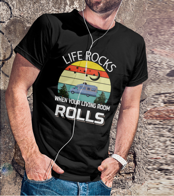 Life Rocks When Your Living Room Rolls Pilote Motorhomes Retro Sunset Campervan Scene T-Shirt