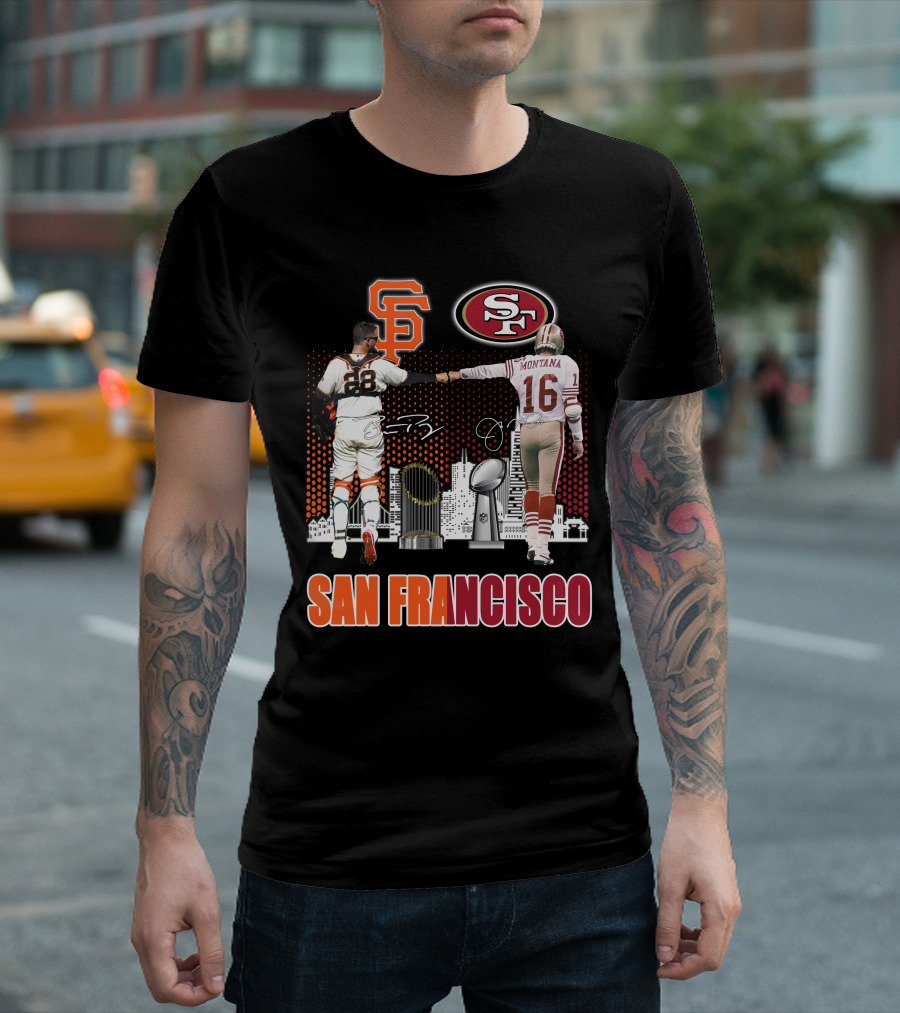 San Francisco Giants 49ers Buster Posey Joe Montana Championship Trophies T-Shirt