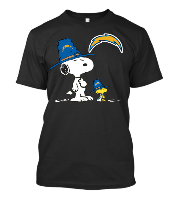 Snoopy And Woodstock In Chargers Hats With Lightning Bolt T-Shirt