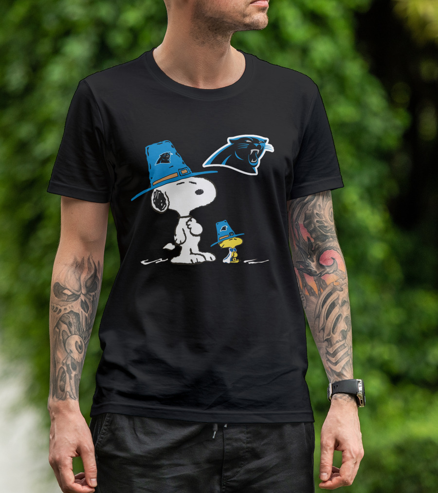 Carolina Panthers Snoopy Thanksgiving Pilgrim Hat Peanuts T-Shirt