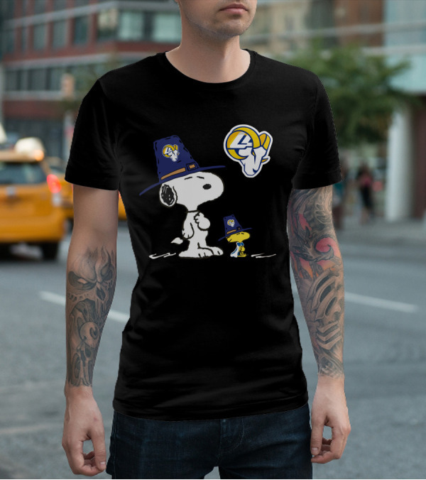 Los Angeles Rams Snoopy And Woodstock Thanksgiving Pilgrim Hat T-Shirt