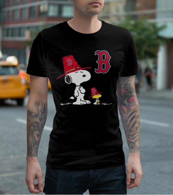 Boston Red Sox Snoopy Woodstock Wearing Team Hats T-Shirt