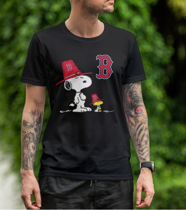 Boston Red Sox Snoopy Woodstock Wearing Team Hats T-Shirt