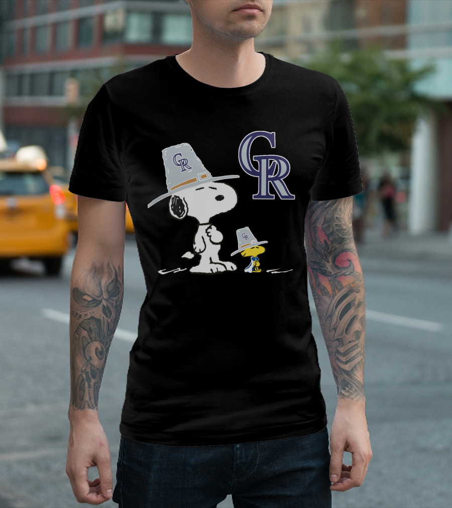 Colorado Rockies Snoopy Woodstock Thanksgiving Pilgrim Hats T-Shirt