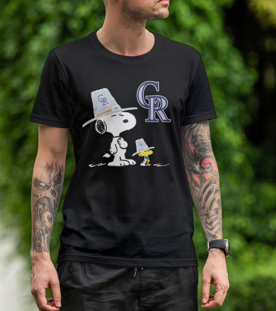 Colorado Rockies Snoopy Woodstock Thanksgiving Pilgrim Hats T-Shirt