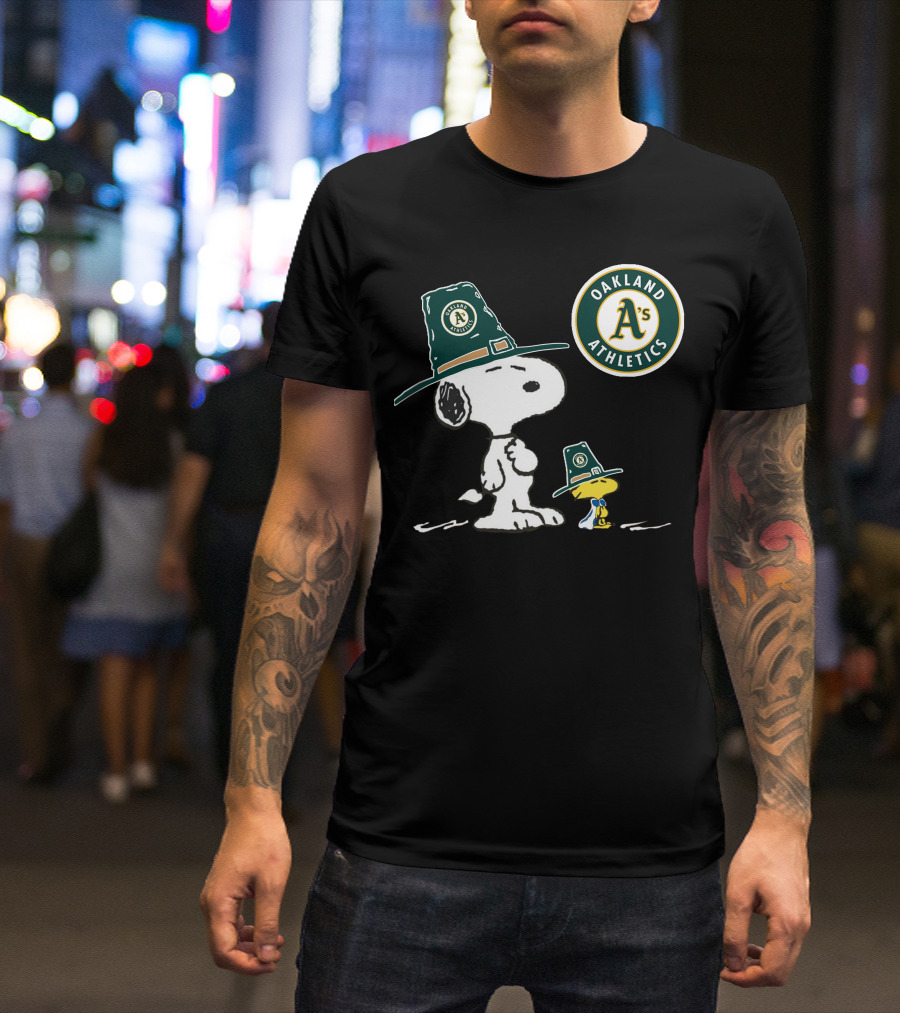 Oakland Athletics Snoopy And Woodstock Wearing Team Hats T-Shirt
