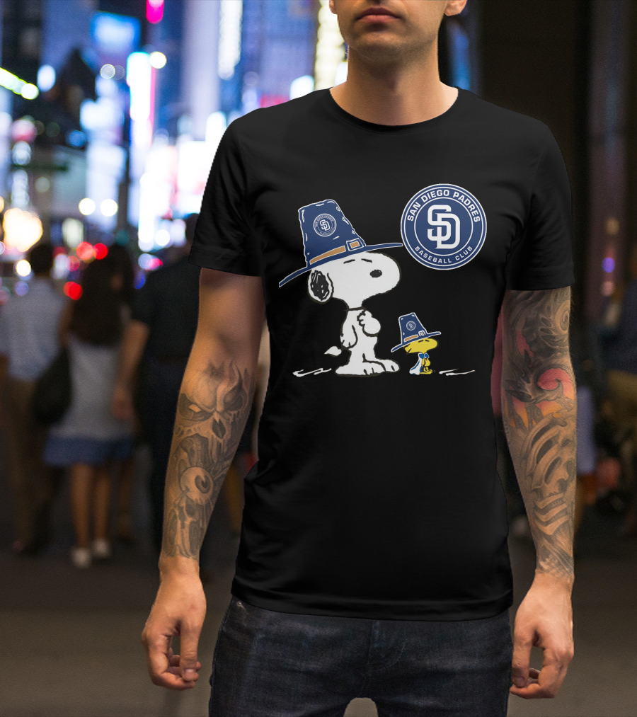 San Diego Padres Snoopy Woodstock Baseball Club Pilgrim Hat T-Shirt