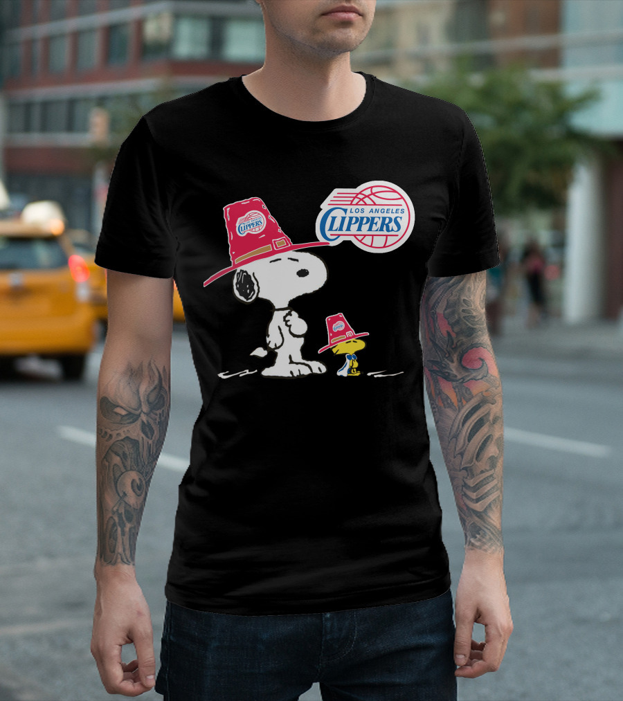 Los Angeles Clippers Snoopy with Woodstock in Team Hats T-Shirt