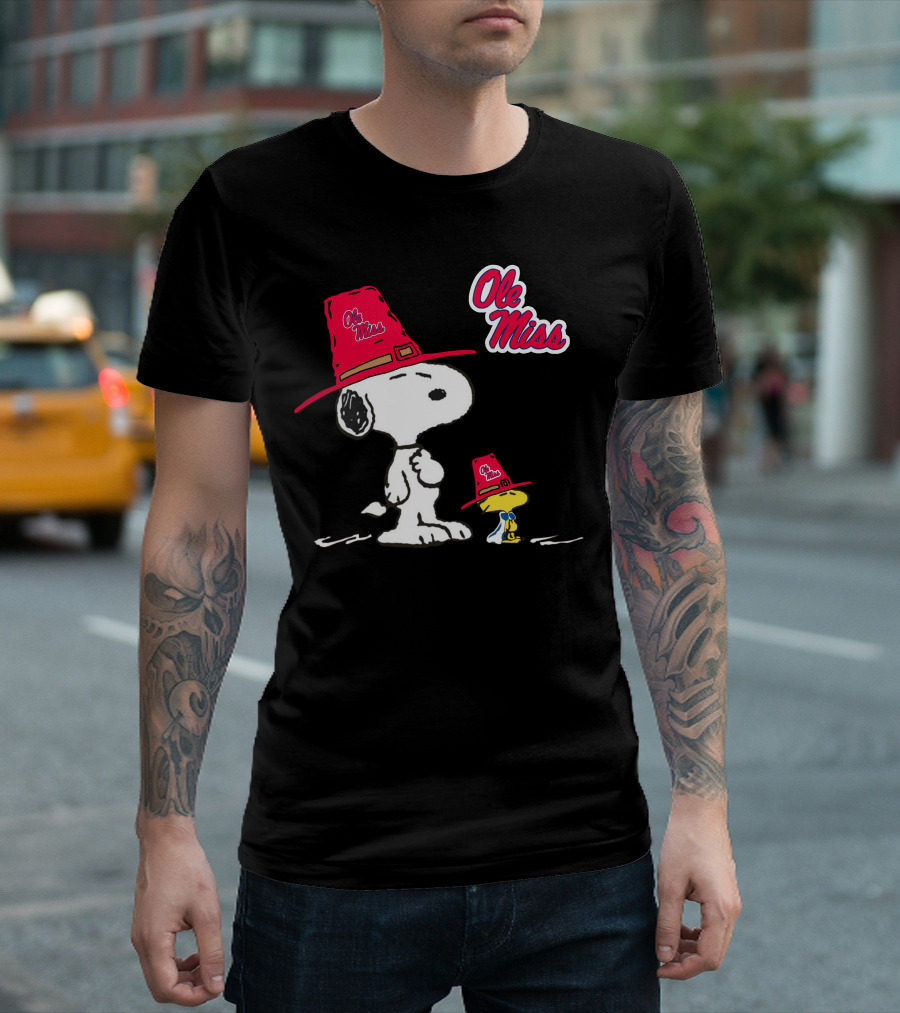 Ole Miss Snoopy and Woodstock in Rebel Hats T-Shirt