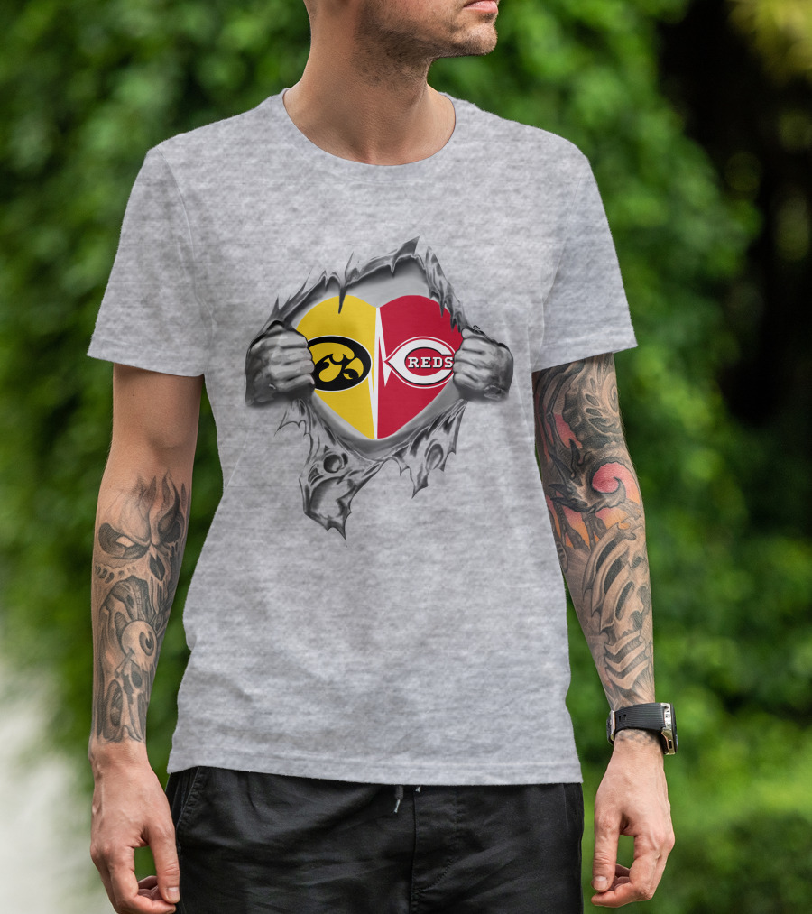 Iowa Hawkeyes Cincinnati Reds Heart Logo Tear T-Shirt