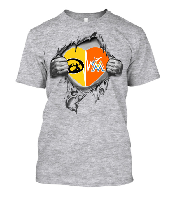 Iowa Hawkeyes Heart And Miami Marlins Heart Logos Ripped T-Shirt