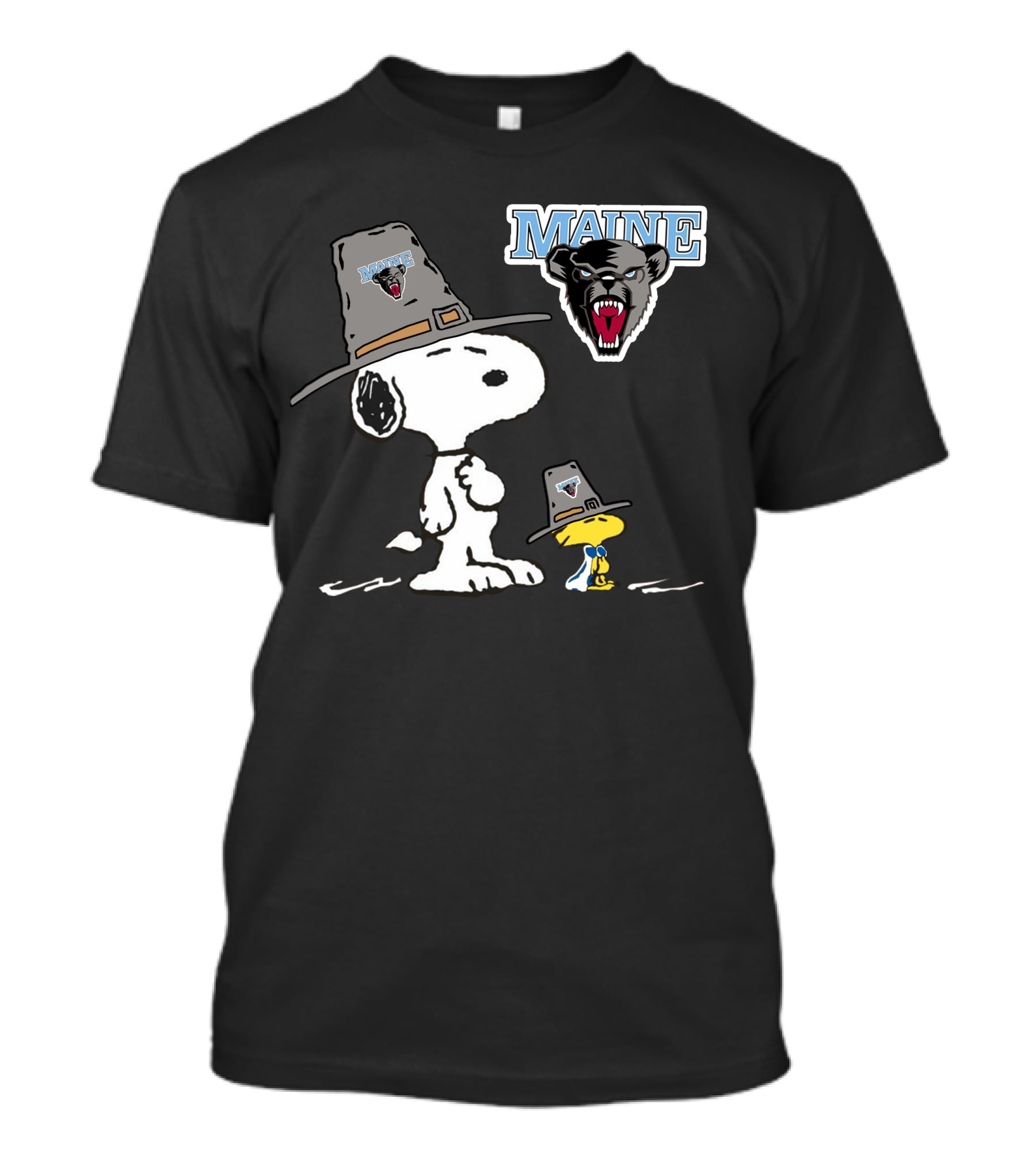 Maine Black Bears Snoopy Woodstock Pilgrim Hat T-Shirt